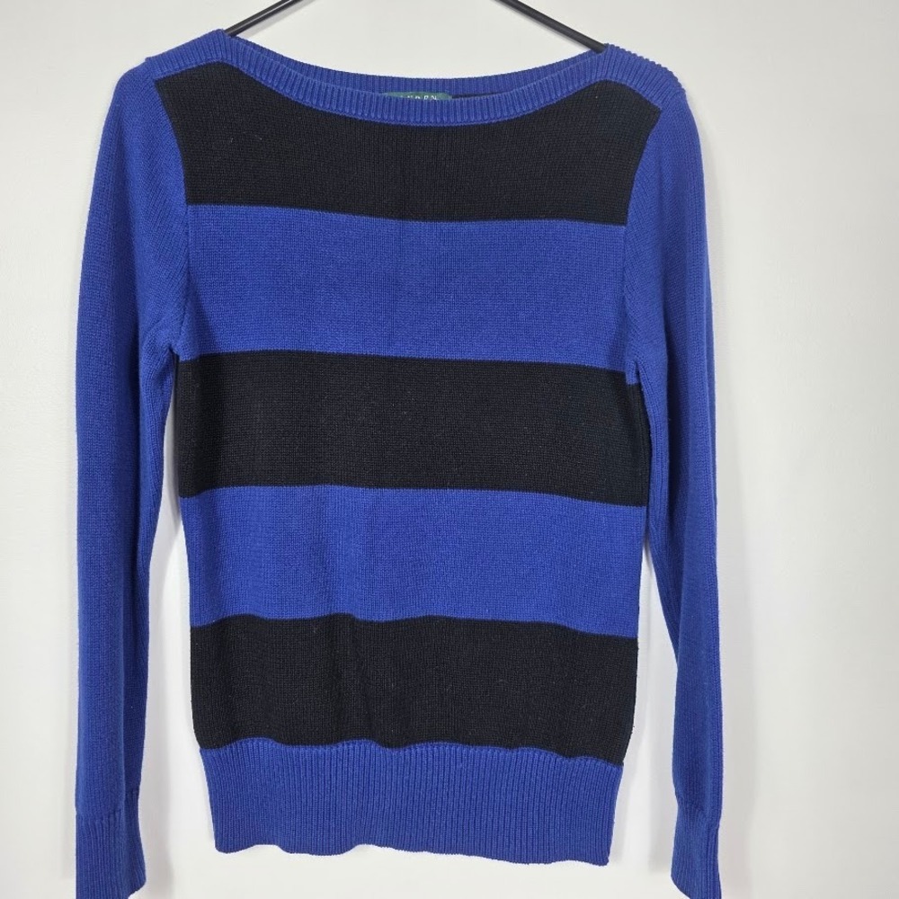 Lauren Ralph Lauren Sweater Womens S Blue Black Striped Boat Neck Knit Pullover